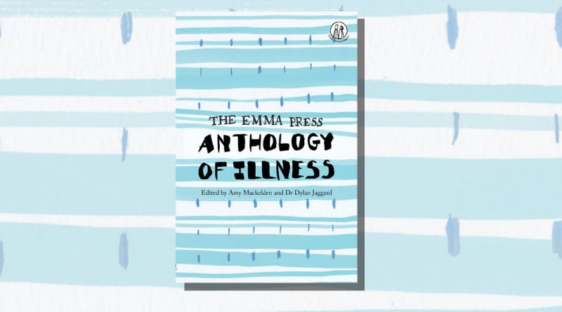 Anthology of Illness book cover featuring black ink on blue abstract stripes and marks