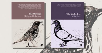 The Message and The Violet Eye chapbook covers featuring lino-cut birds