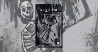 Requiem book cover featuring an illustration of a skeleton
